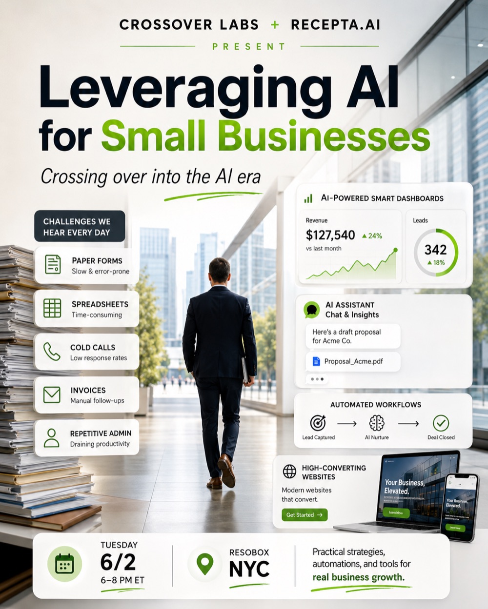 Leveraging AI for Small Businesses, a Crossover Labs and Recepta.ai event for NYC Tech Week, Tuesday June 2, 6 to 8 PM at RESOBOX, NYC.
